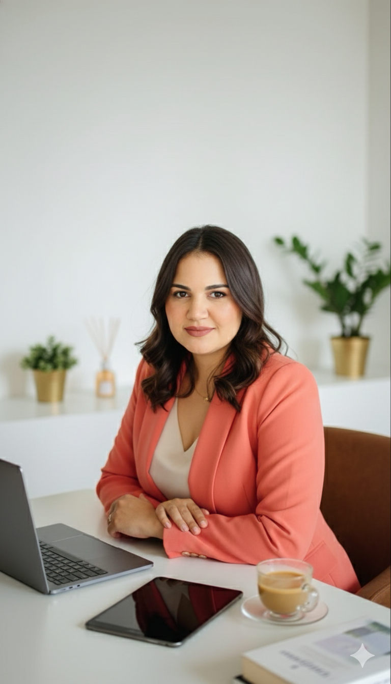 Roberta dos Santos Campos Ferreira, psicóloga e psicanalista, sentada à mesa de trabalho em ambiente claro
