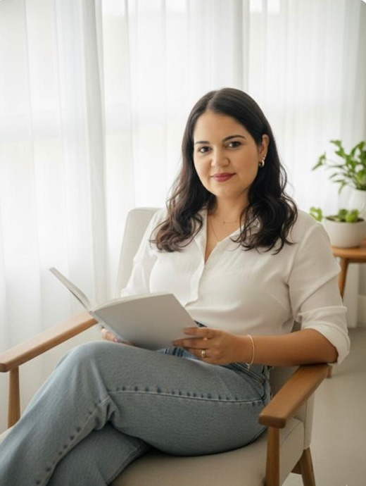 Roberta sentada em uma poltrona, com um livro aberto nas mãos, em sala iluminada por luz natural